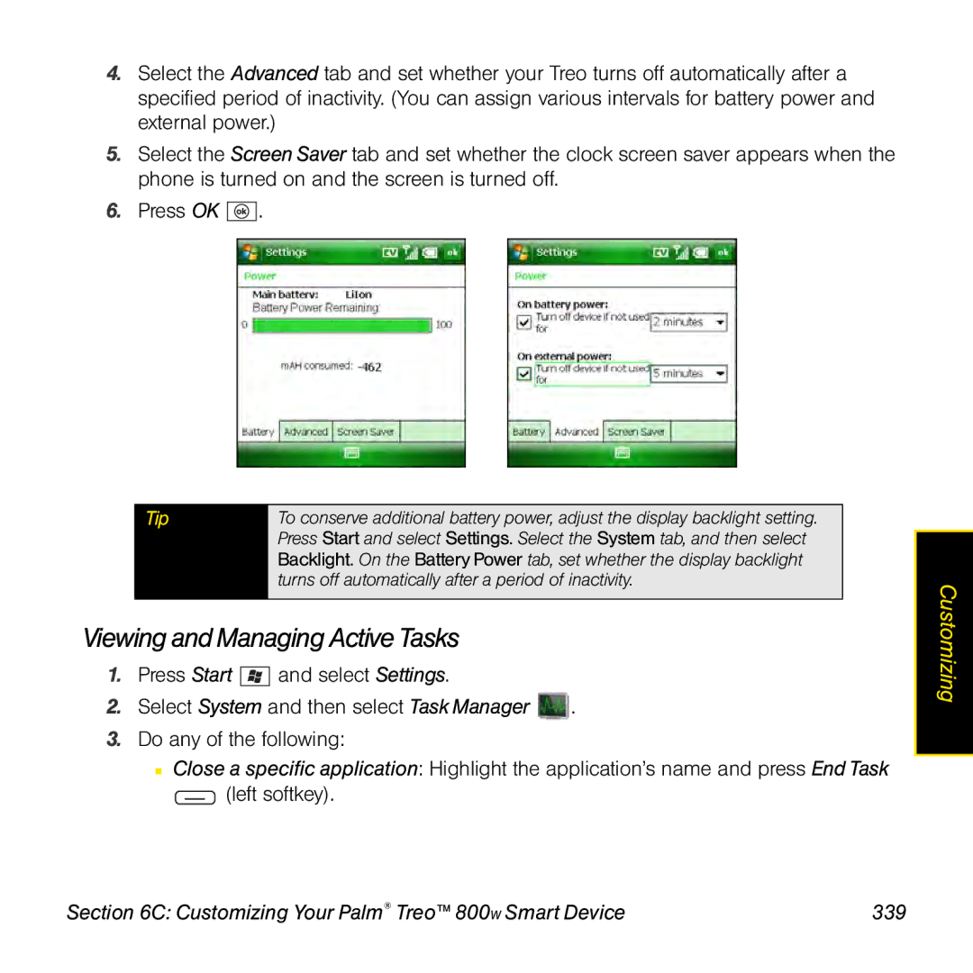 Sprint Nextel 800w manual Viewing and Managing Active Tasks, Customizing Your Palm Treo 800W Smart Device 339 