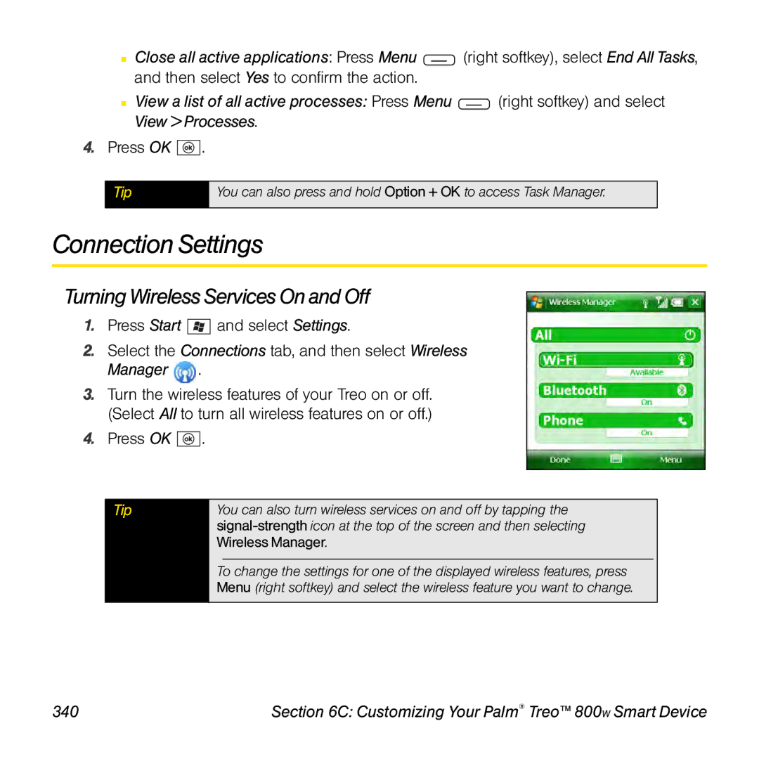 Sprint Nextel 800w manual Connection Settings, Turning Wireless Services On and Off, 340 