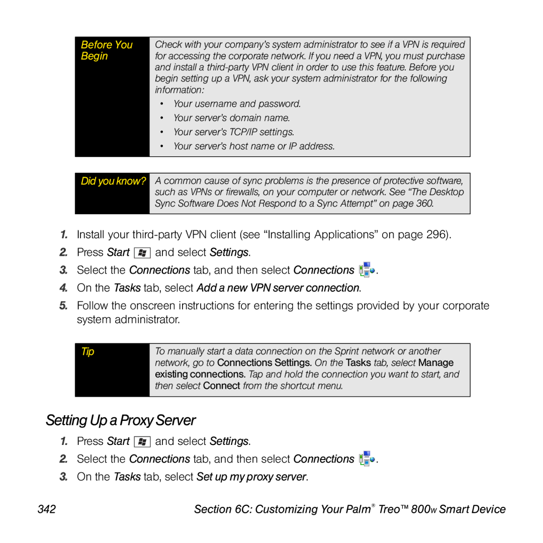 Sprint Nextel 800w manual Setting Up a Proxy Server, On the Tasks tab, select Add a new VPN server connection 