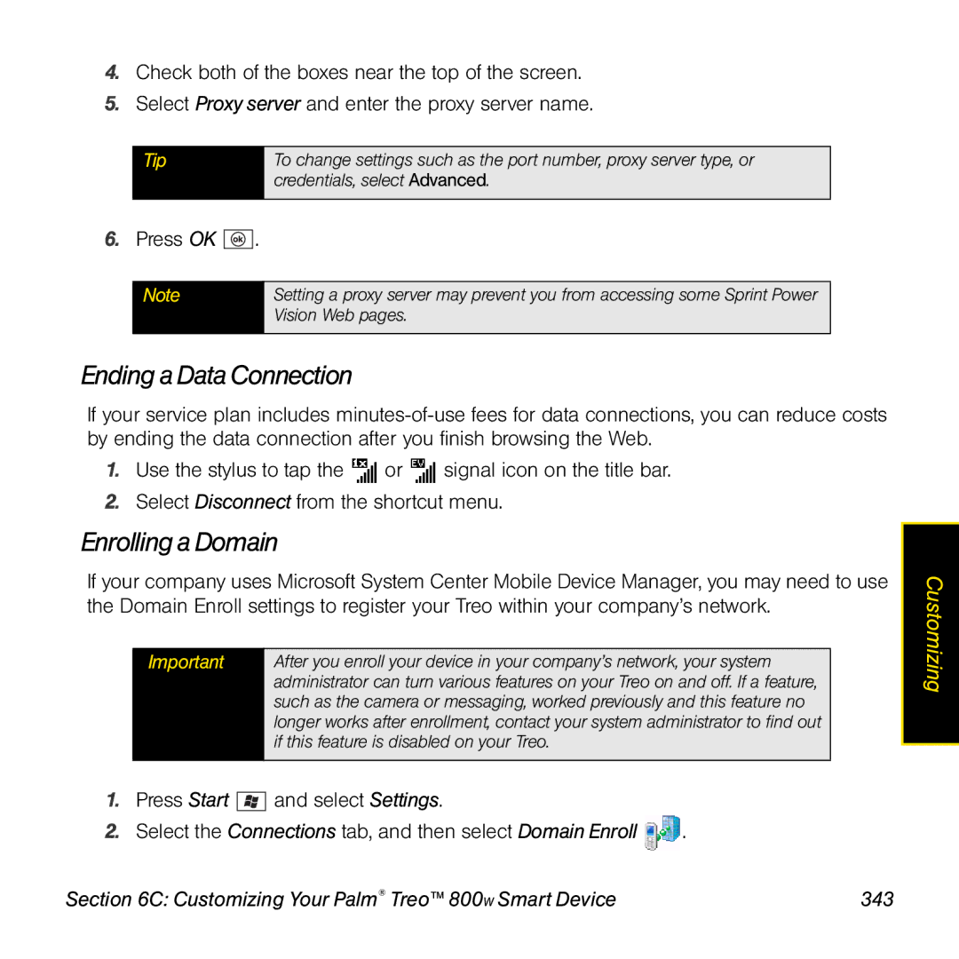 Sprint Nextel 800w manual Ending a Data Connection, Enrolling a Domain, Customizing Your Palm Treo 800W Smart Device 343 