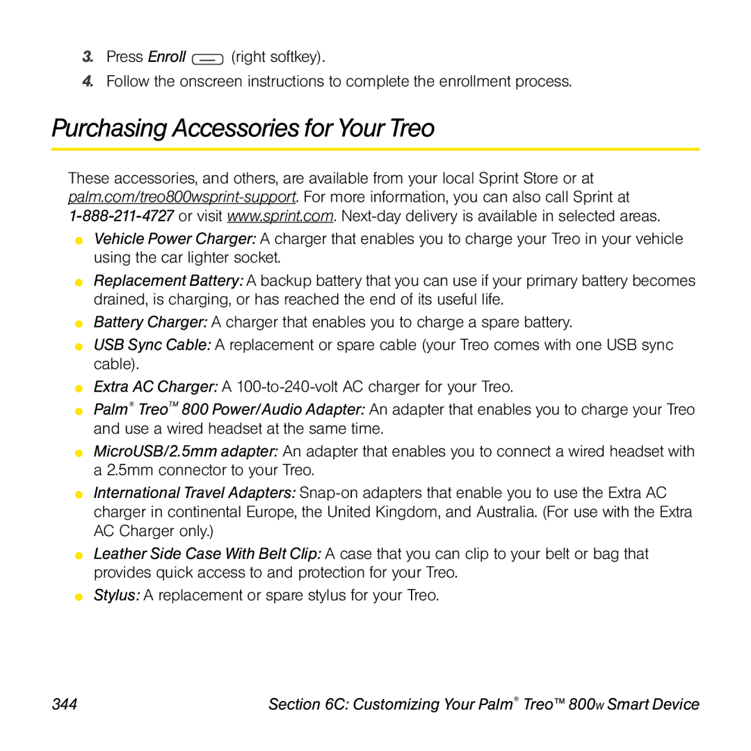 Sprint Nextel 800w manual Purchasing Accessories for Your Treo, 344 