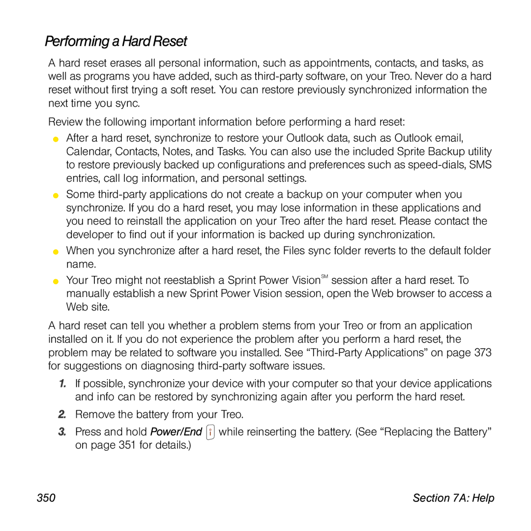 Sprint Nextel 800w manual Performing a Hard Reset, 350 