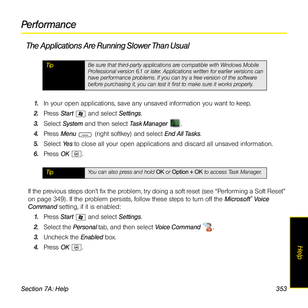 Sprint Nextel 800w manual Performance, Applications Are Running Slower Than Usual, Help 353 