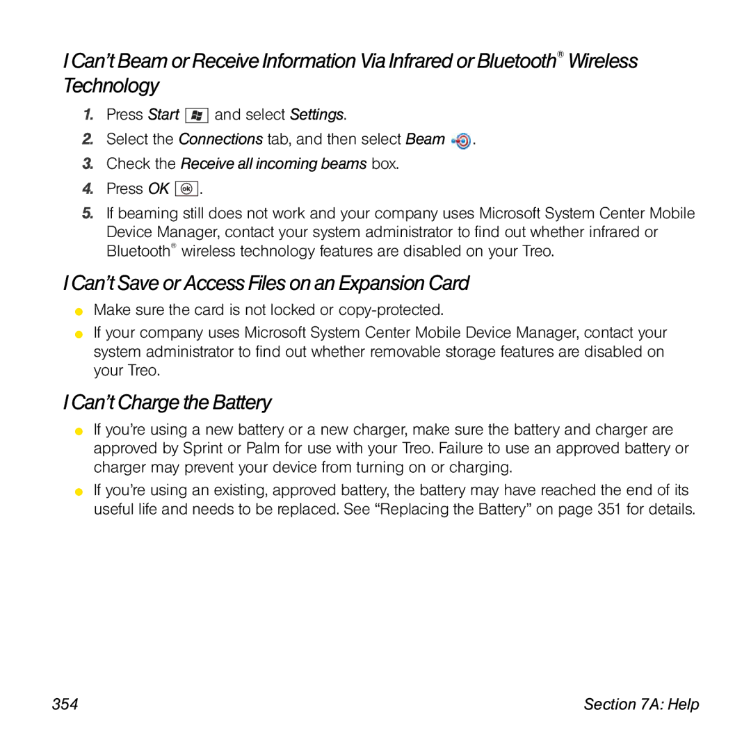 Sprint Nextel 800w manual Can’t Save or Access Files on an Expansion Card, Can’t Charge the Battery, 354 