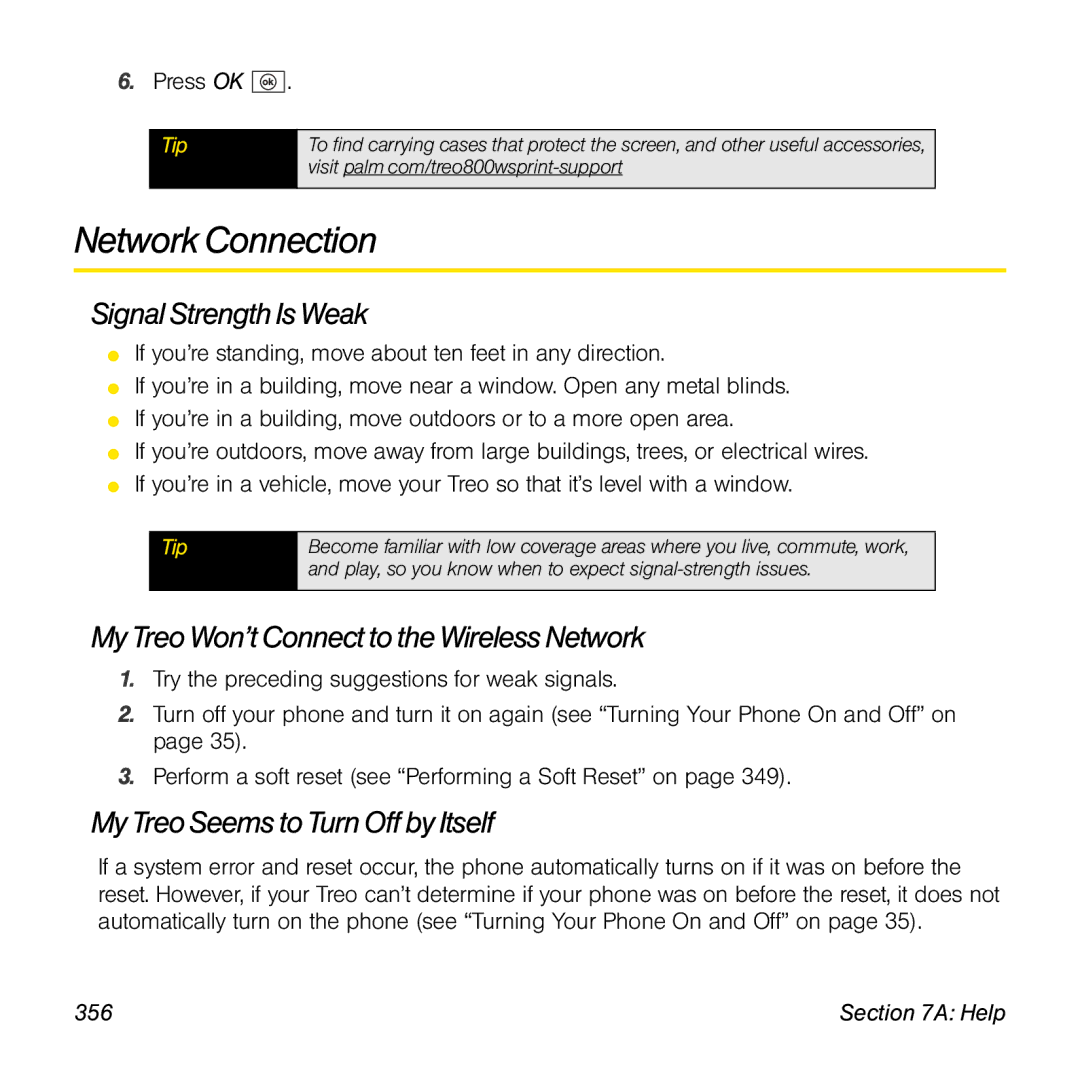 Sprint Nextel 800w manual Network Connection, Signal Strength Is Weak, My Treo Won’t Connect to the Wireless Network, 356 