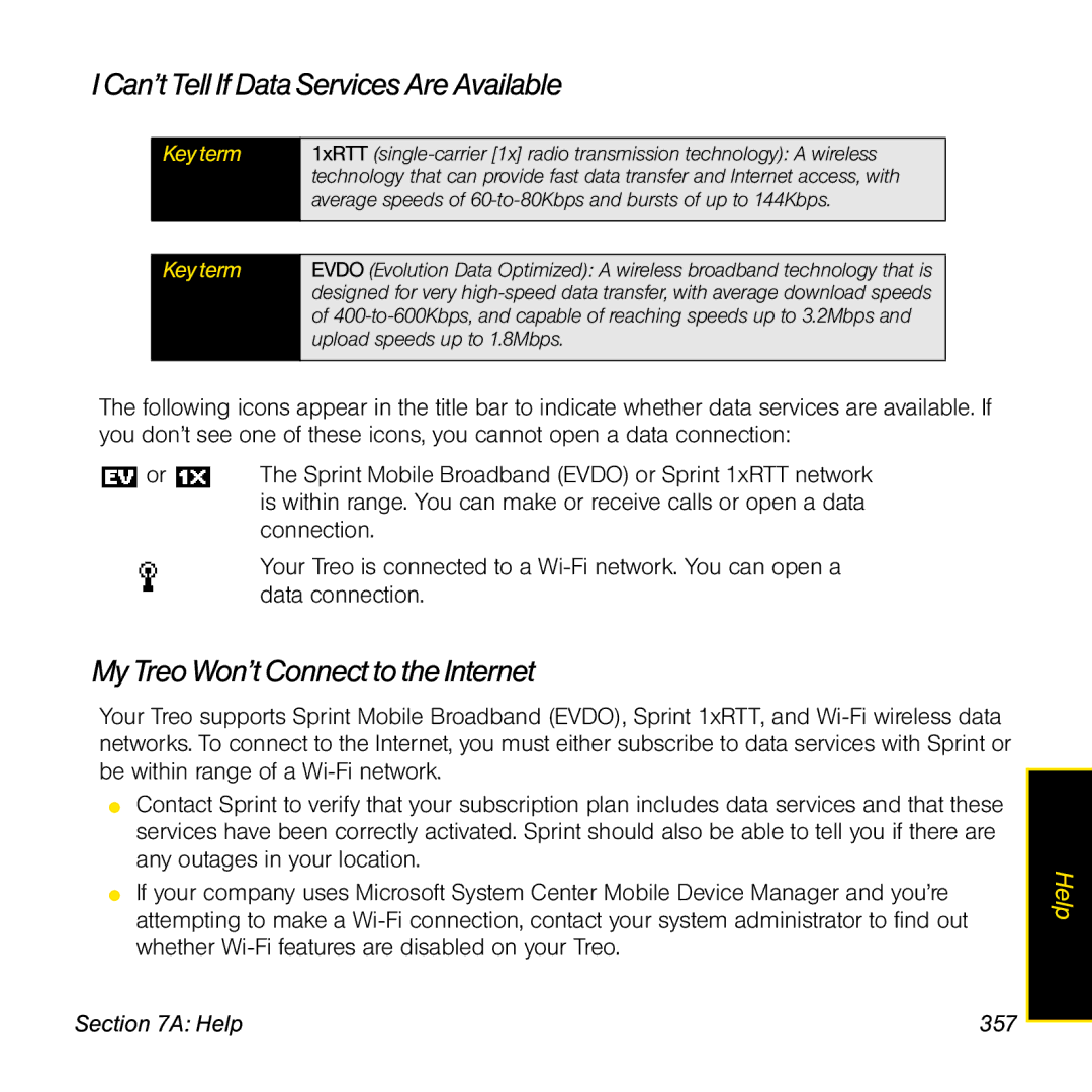 Sprint Nextel 800w manual Can’t Tell If Data Services Are Available, My Treo Won’t Connect to the Internet, Help 357 