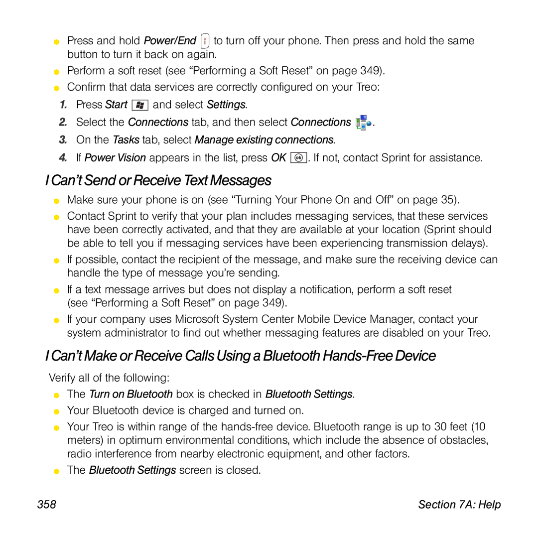 Sprint Nextel 800w manual Can’t Send or Receive Text Messages, Turn on Bluetooth box is checked in Bluetooth Settings, 358 