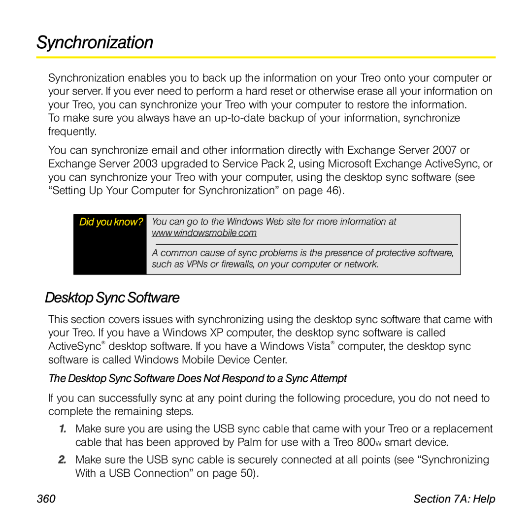 Sprint Nextel 800w manual Synchronization, Desktop Sync Software Does Not Respond to a Sync Attempt, 360 