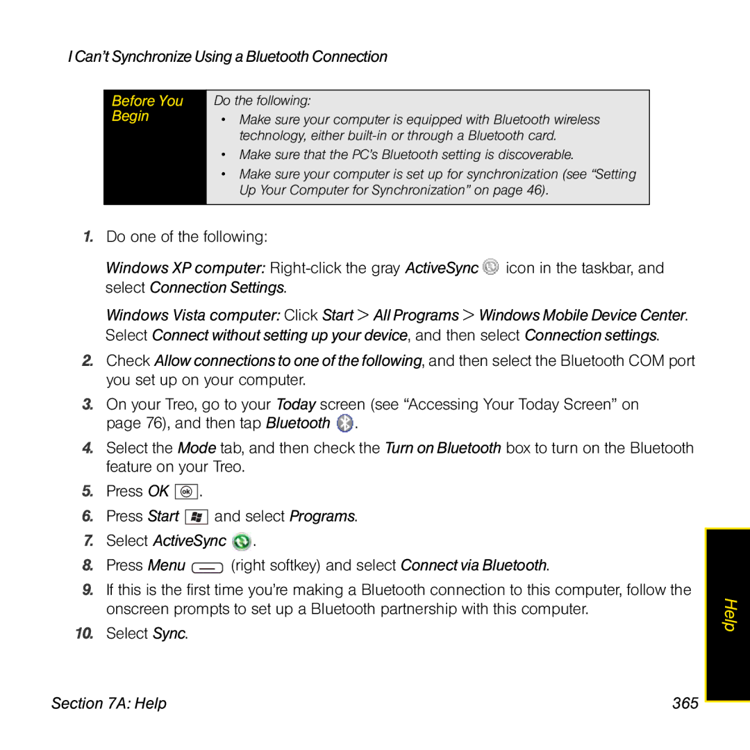 Sprint Nextel 800w manual Can’t Synchronize Using a Bluetooth Connection, Help 365 