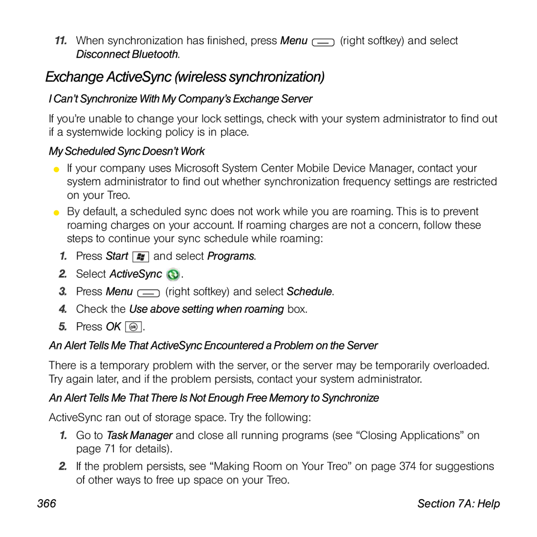 Sprint Nextel 800w Exchange ActiveSync wireless synchronization, Can’t Synchronize With My Company’s Exchange Server, 366 