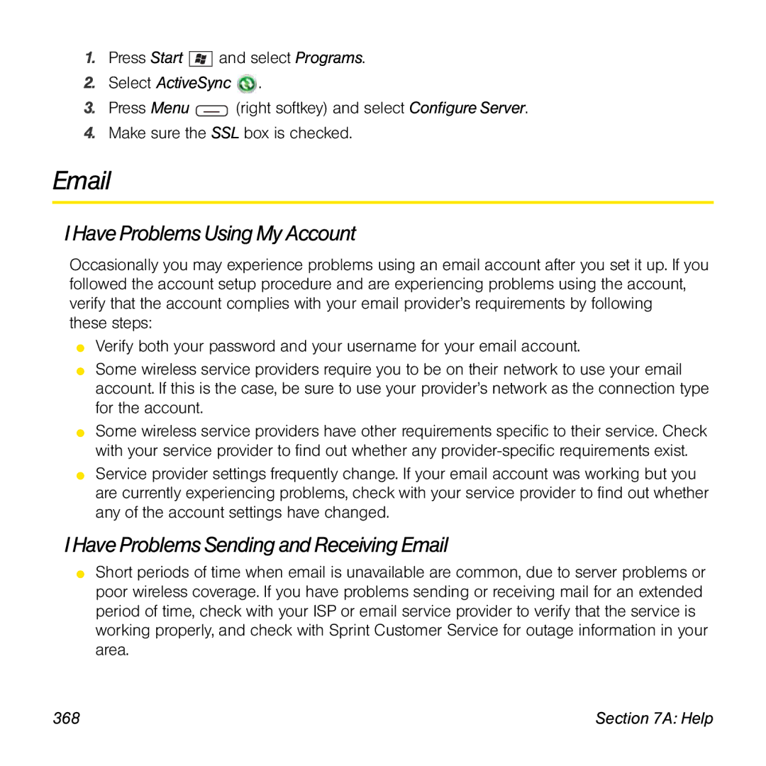 Sprint Nextel 800w manual Have Problems Using My Account, Have Problems Sending and Receiving Email, 368 