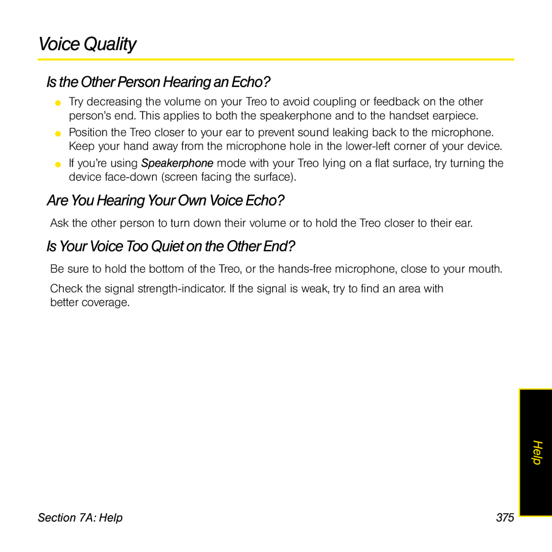 Sprint Nextel 800w Voice Quality, Is the Other Person Hearing an Echo?, Are You Hearing Your Own Voice Echo?, Help 375 