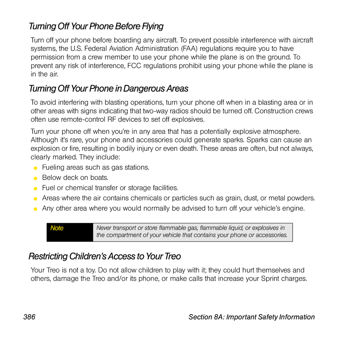 Sprint Nextel 800w manual Turning Off Your Phone Before Flying, Turning Off Your Phone in Dangerous Areas 