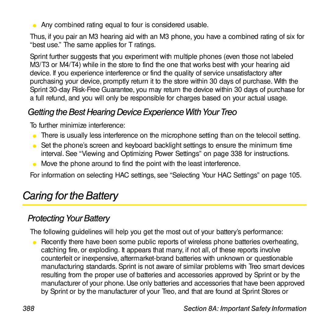 Sprint Nextel 800w manual Caring for the Battery, Getting the Best Hearing Device Experience With Your Treo 