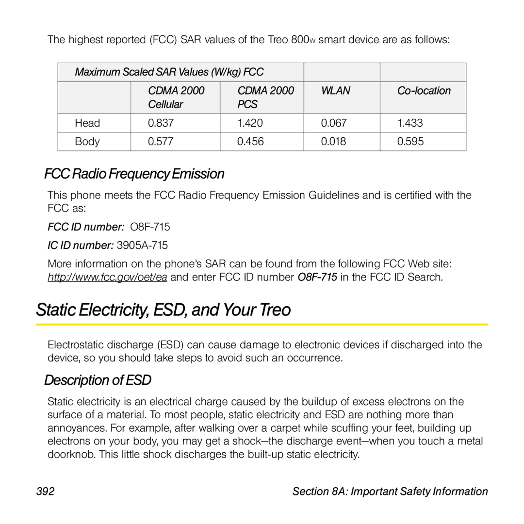 Sprint Nextel 800w manual Static Electricity, ESD, and Your Treo, FCC Radio Frequency Emission, Description of ESD 