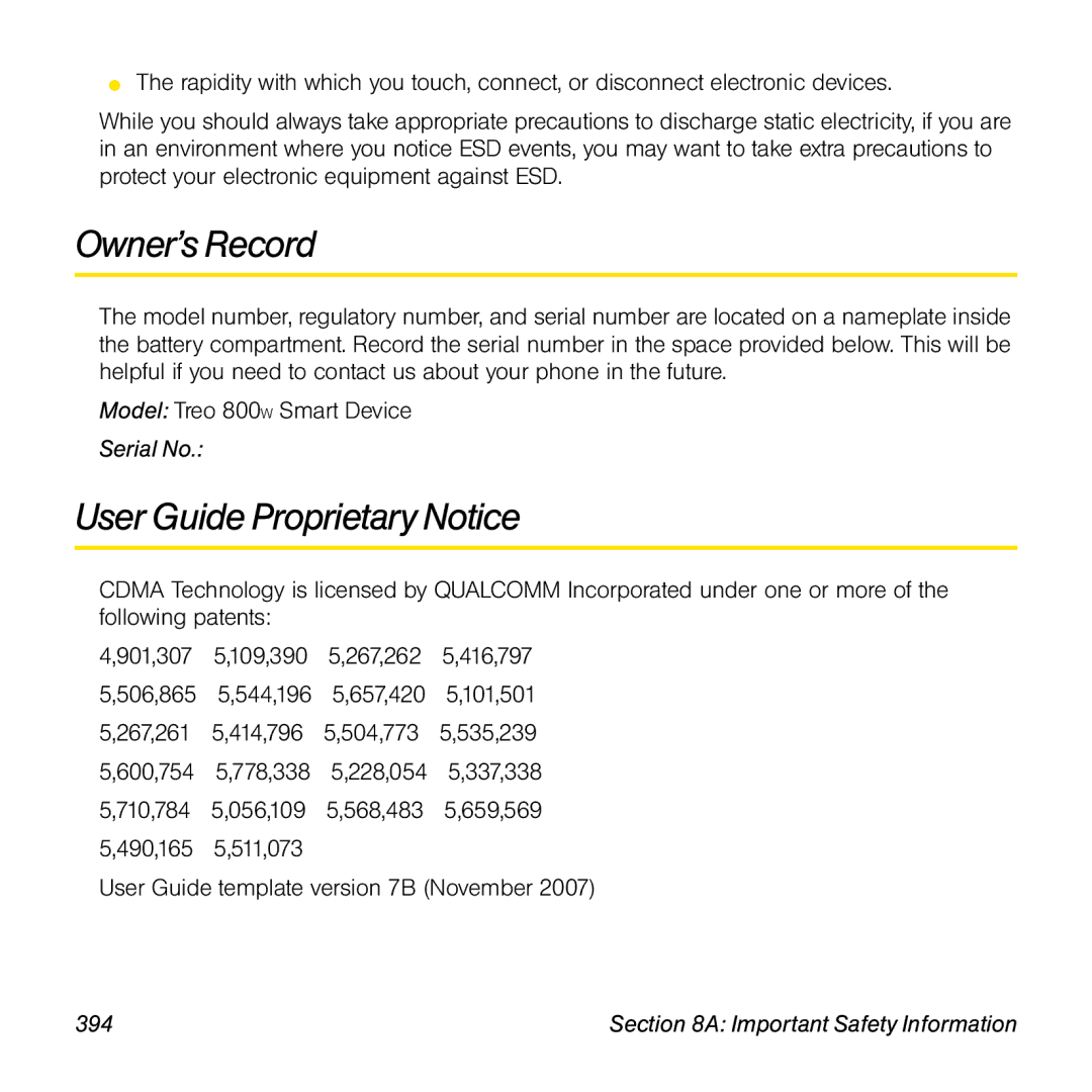 Sprint Nextel 800w manual Owner’s Record, User Guide Proprietary Notice, Serial No, Important Safety Information 