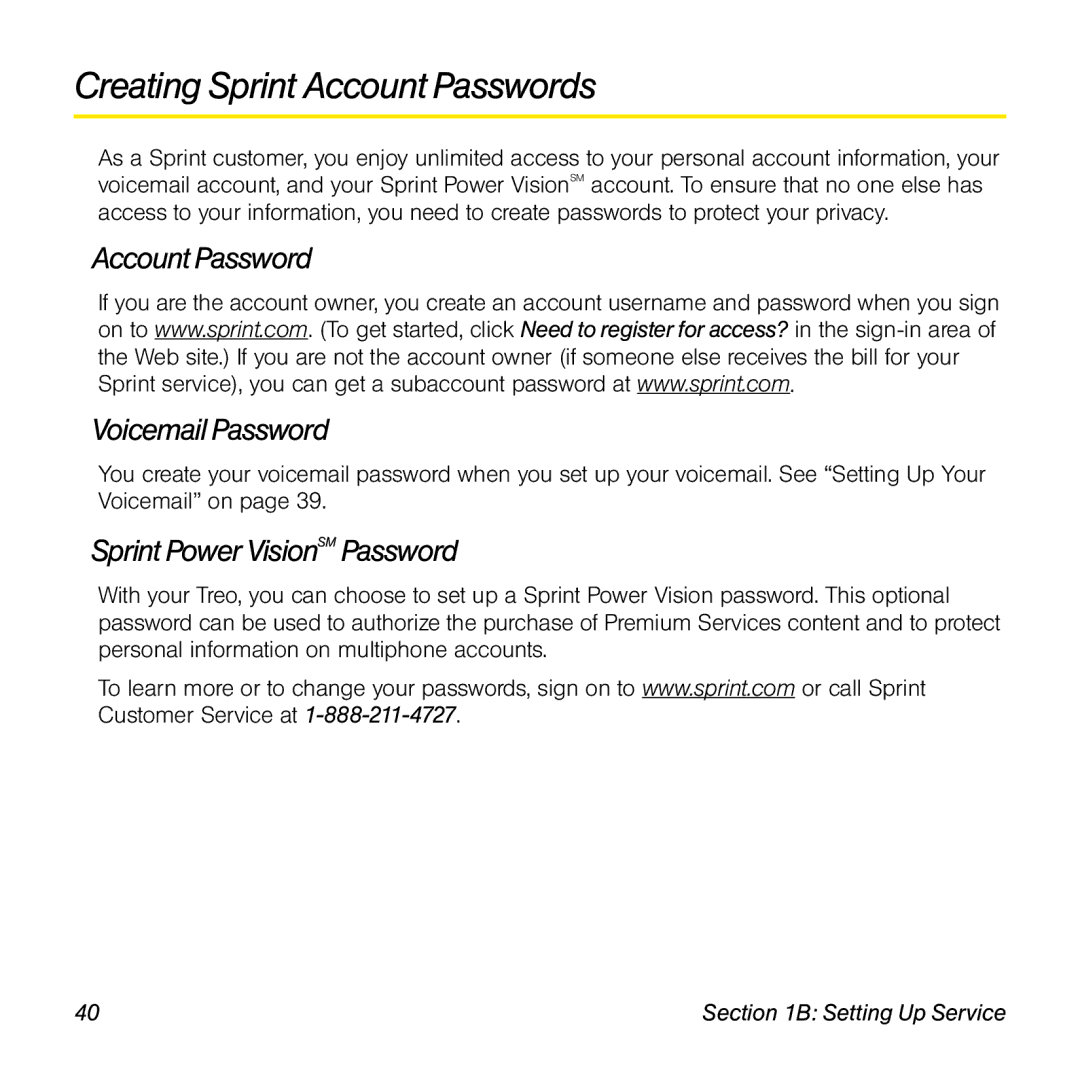 Sprint Nextel 800w Creating Sprint Account Passwords, Account Password Voicemail Password, Sprint Power VisionSM Password 