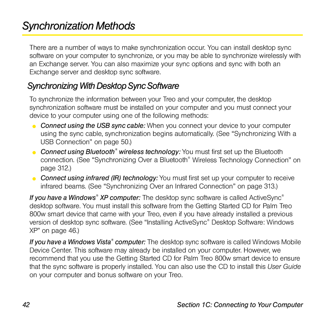 Sprint Nextel 800w manual Synchronization Methods, Synchronizing With Desktop Sync Software 