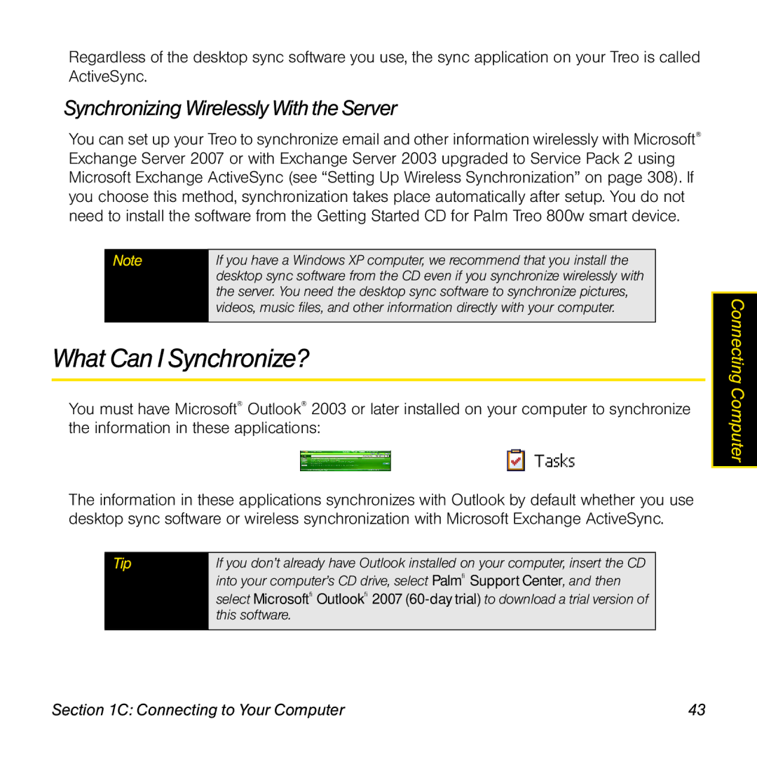 Sprint Nextel 800w manual What Can I Synchronize?, Synchronizing Wirelessly With the Server 