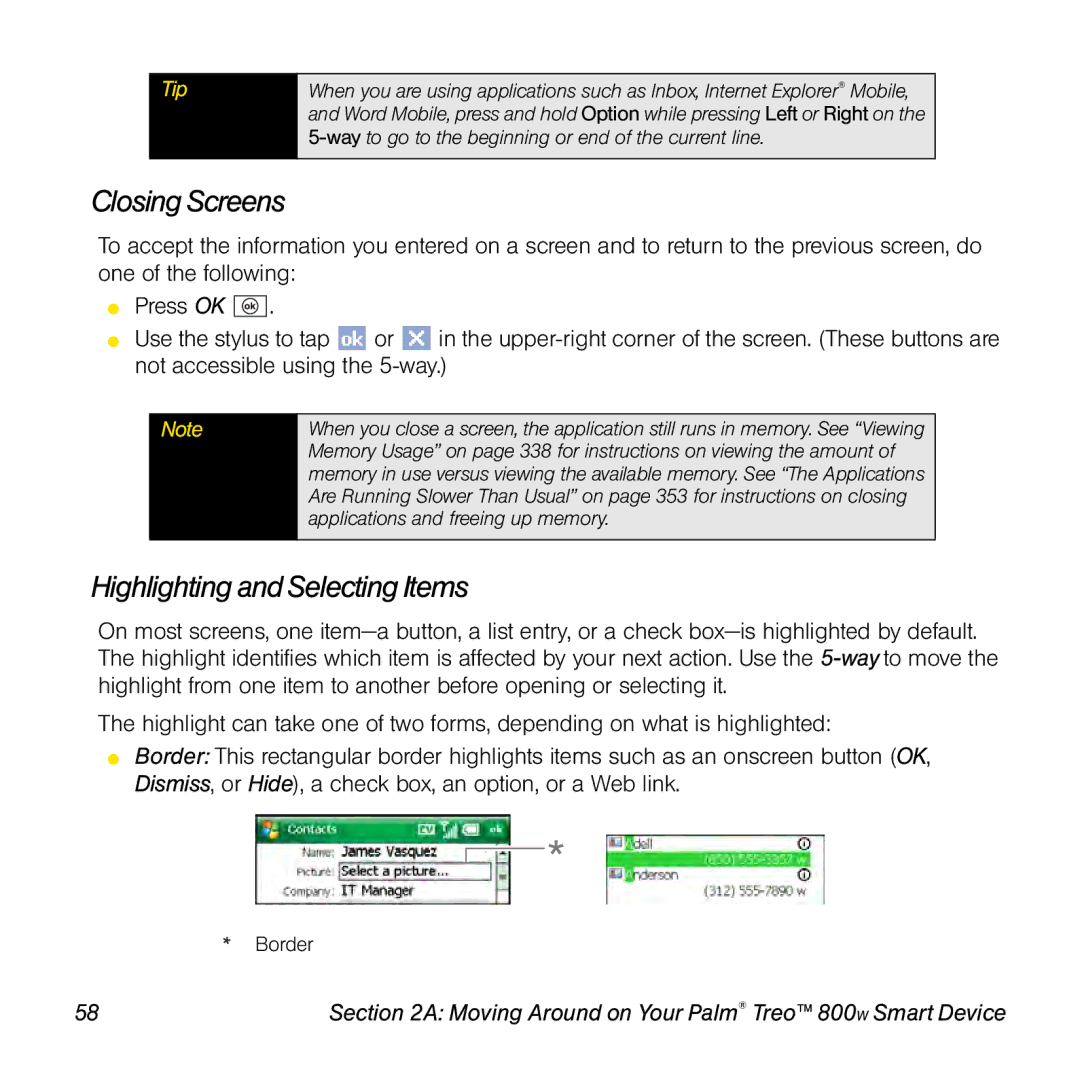 Sprint Nextel 800w manual Closing Screens, Highlighting and Selecting Items 