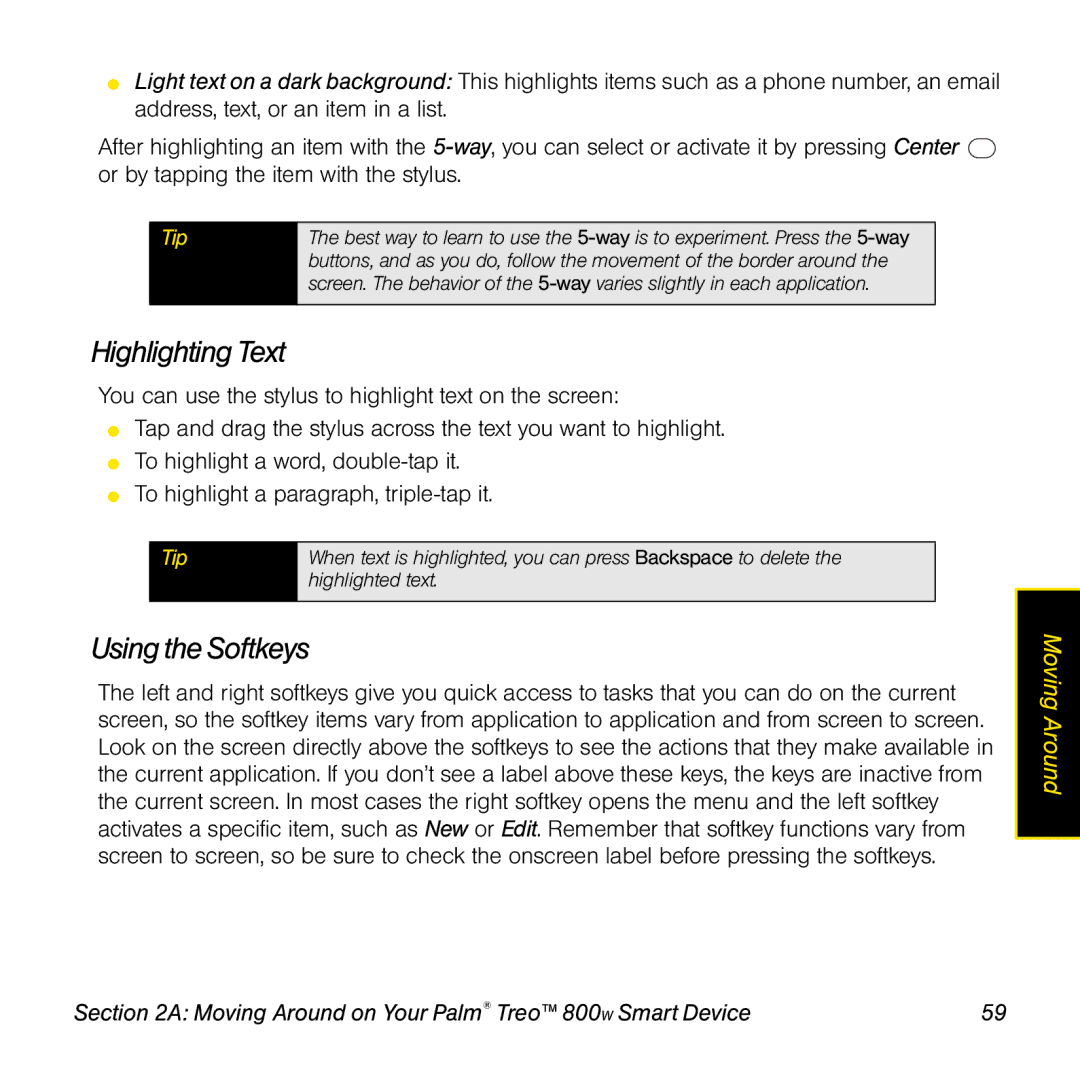 Sprint Nextel 800w manual Highlighting Text, Using the Softkeys 