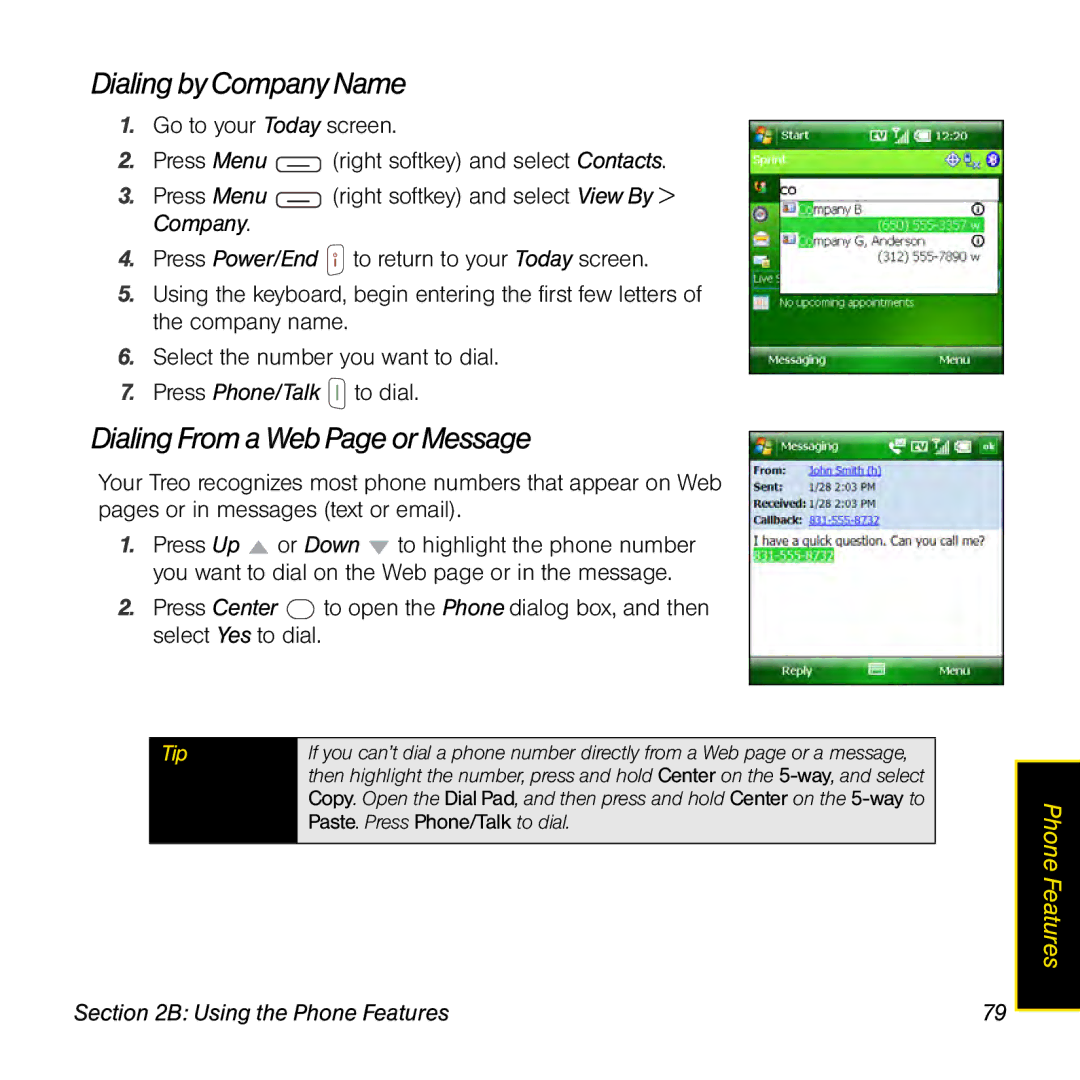 Sprint Nextel 800w manual Dialing by Company Name, Dialing From a Web Page or Message 