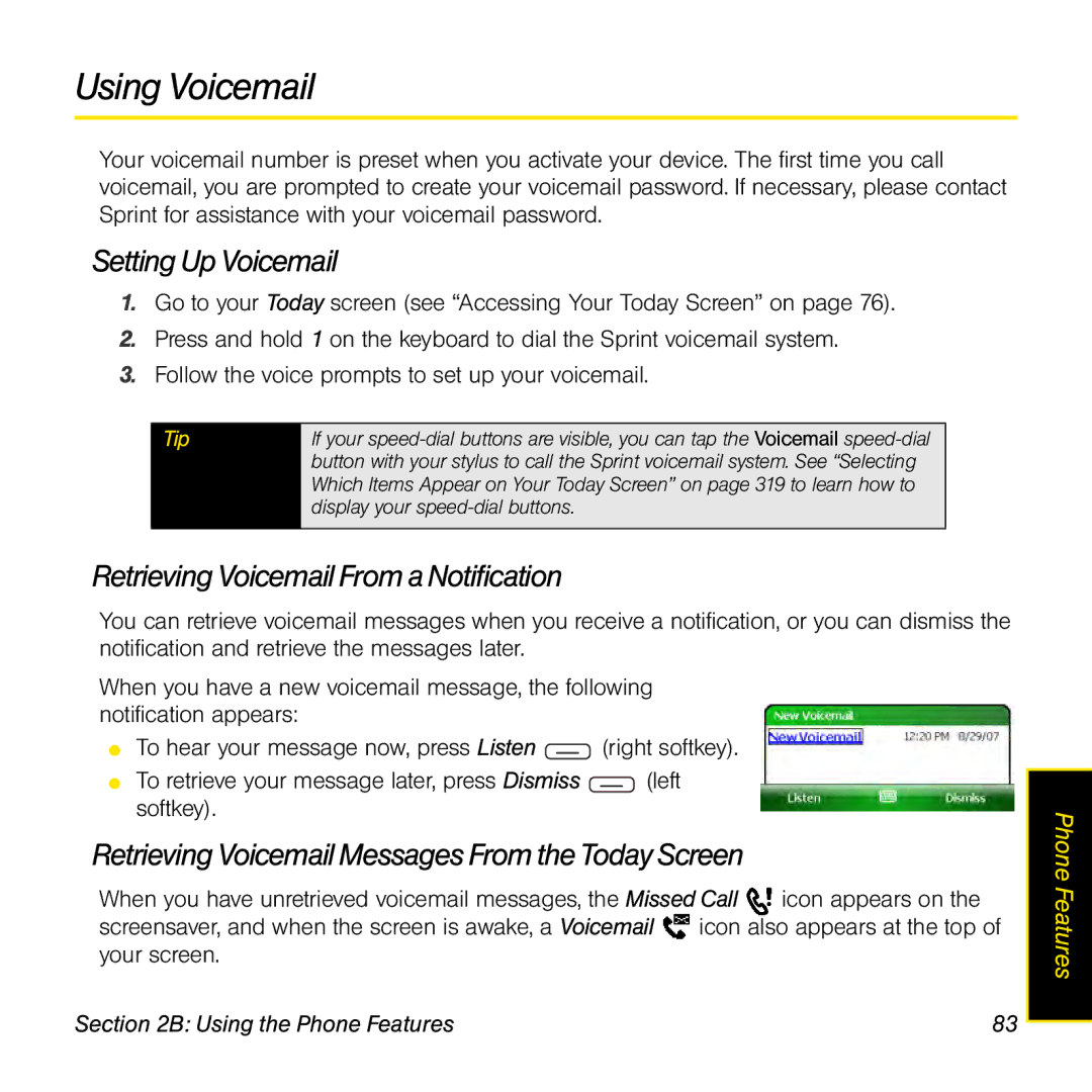 Sprint Nextel 800w manual Using Voicemail, Setting Up Voicemail, Retrieving Voicemail From a Notification 