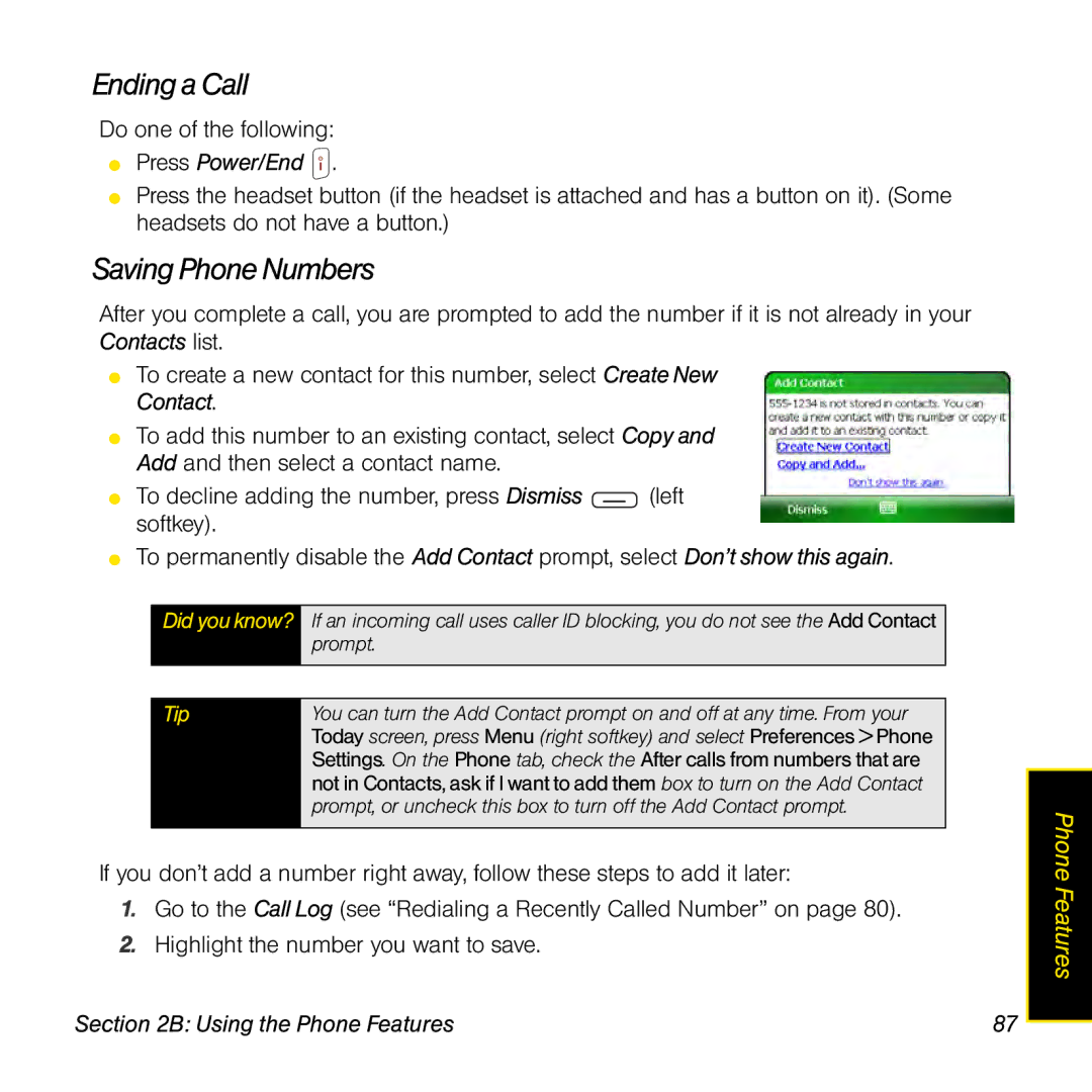 Sprint Nextel 800w manual Ending a Call, Saving Phone Numbers 