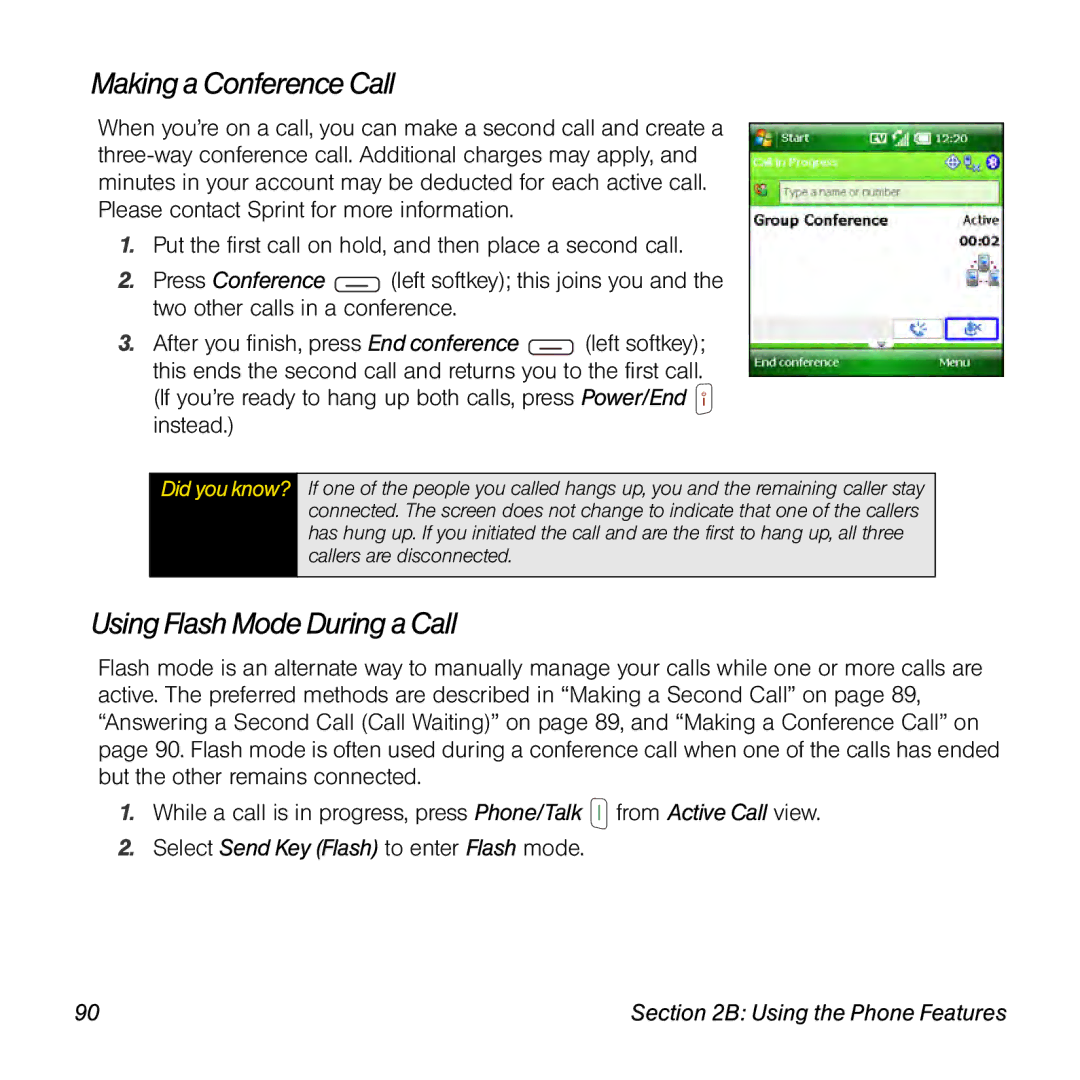 Sprint Nextel 800w Making a Conference Call, Using Flash Mode During a Call, Select Send Key Flash to enter Flash mode 