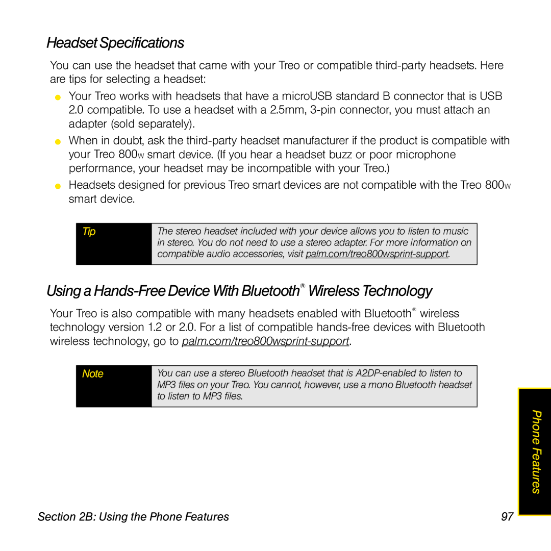 Sprint Nextel 800w manual Headset Specifications, Using a Hands-Free Device With Bluetooth Wireless Technology 