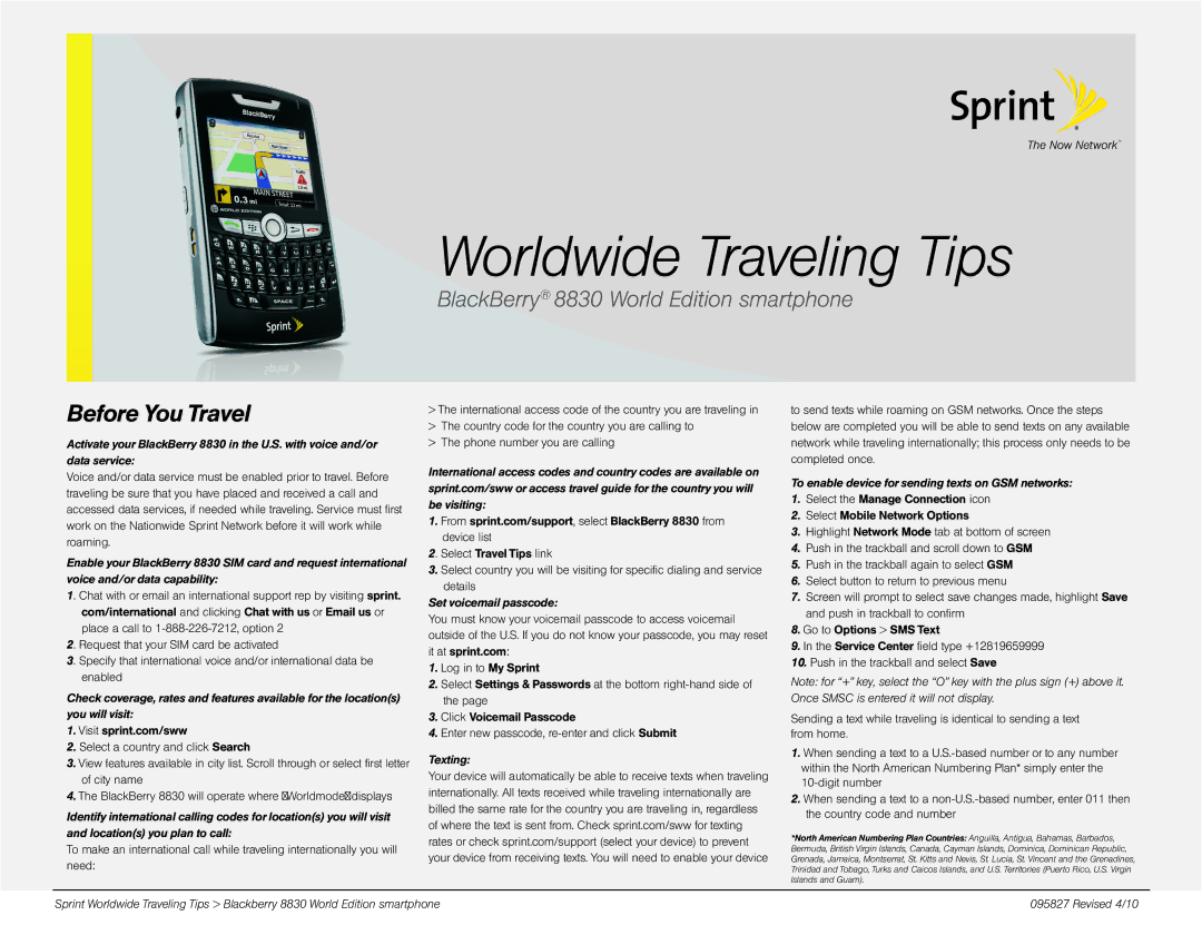 Sprint Nextel 8830 manual Before You Travel, Set voicemail passcode, Texting 