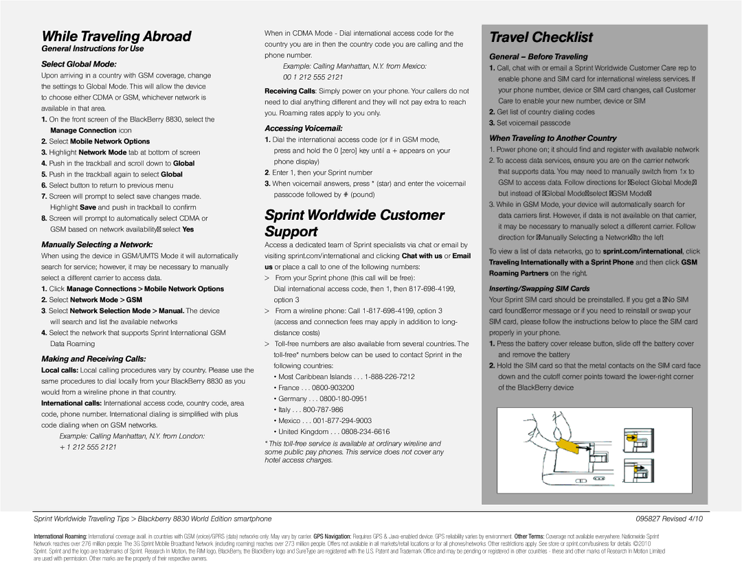 Sprint Nextel 8830 manual While Traveling Abroad, Sprint Worldwide Customer Support, Travel Checklist 