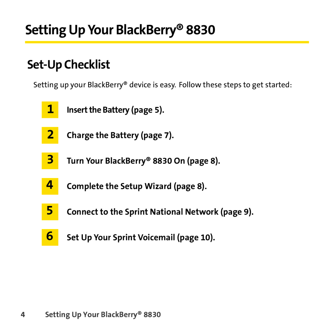 Sprint Nextel 8830 manual Setting Up Your BlackBerry, Set-Up Checklist 