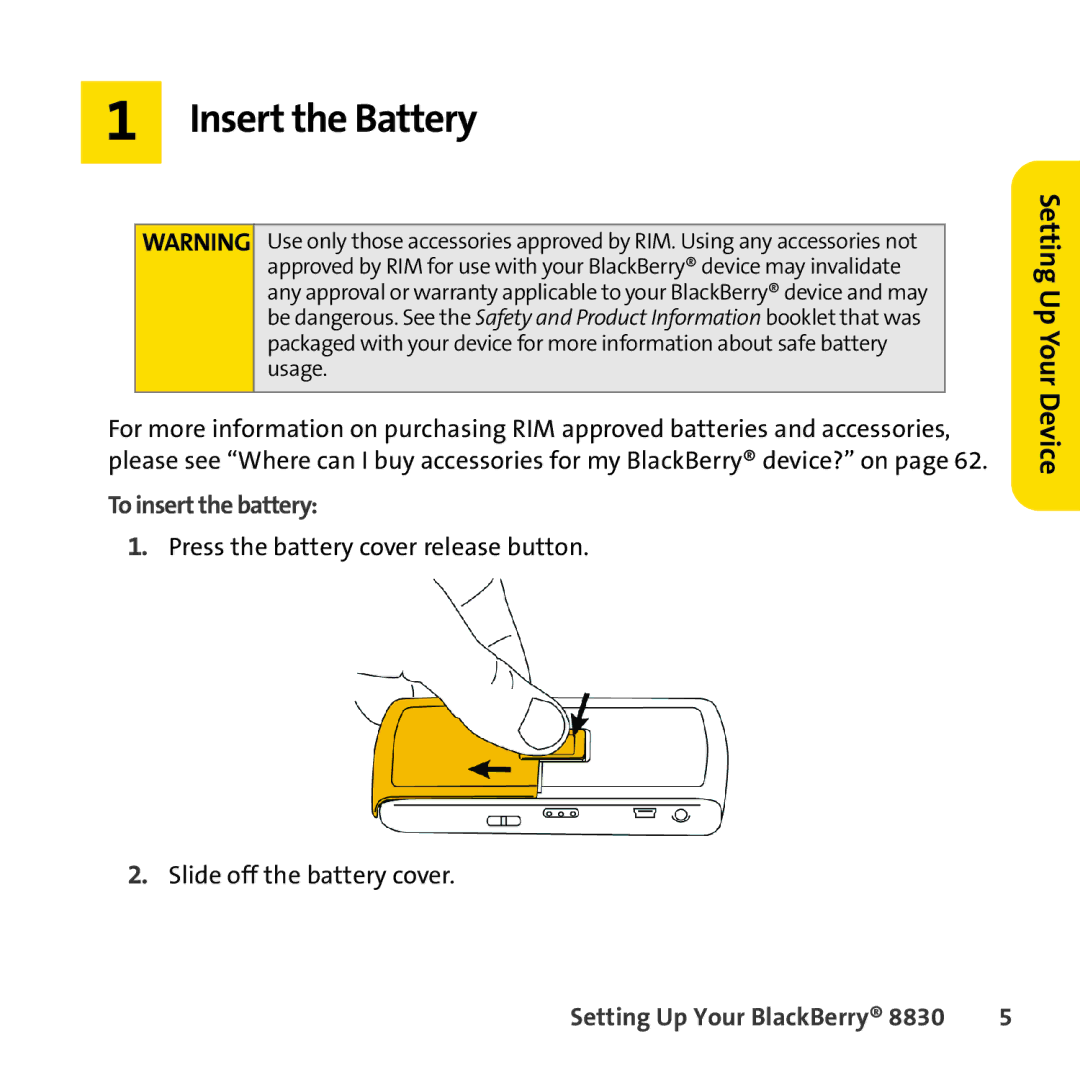 Sprint Nextel 8830 manual Insert the Battery, Setting Up Your Device, To insert the battery 