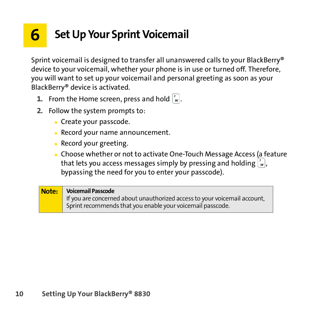 Sprint Nextel 8830 manual Set Up Your Sprint Voicemail, Voicemail Passcode 