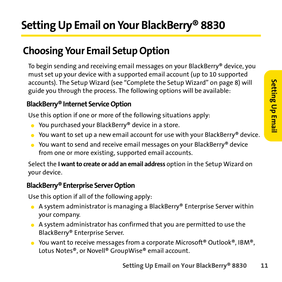 Sprint Nextel 8830 manual Setting Up Email on Your BlackBerry, Choosing Your Email Setup Option 