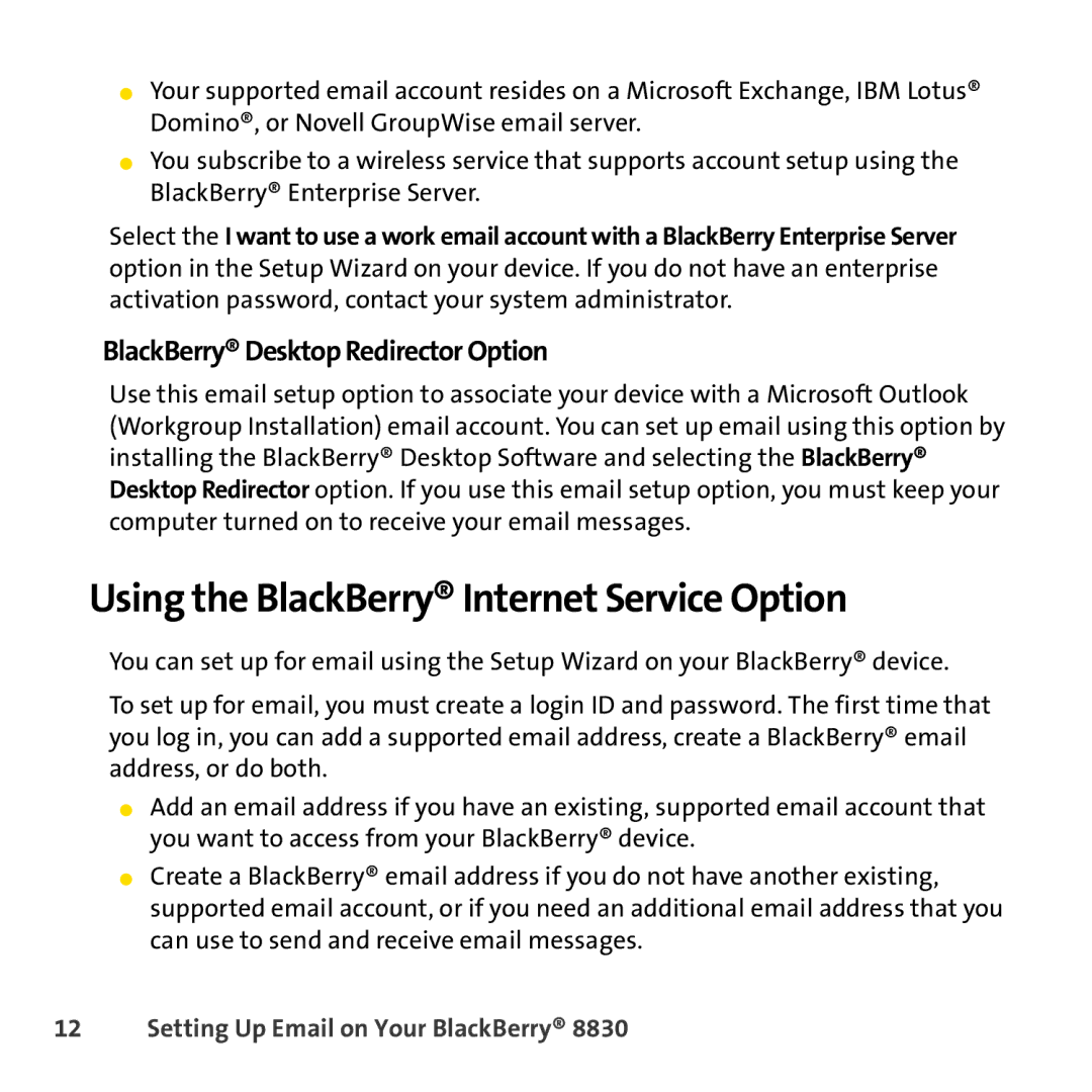 Sprint Nextel 8830 manual Using the BlackBerry Internet Service Option, BlackBerry Desktop Redirector Option 