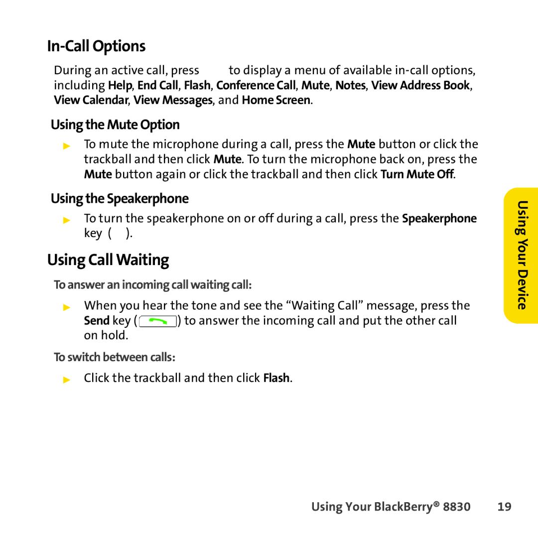 Sprint Nextel 8830 manual In-Call Options, Using Call Waiting, Using the Mute Option, Using the Speakerphone 