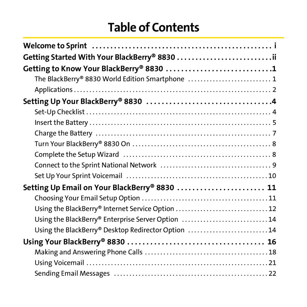 Sprint Nextel 8830 manual Table of Contents 