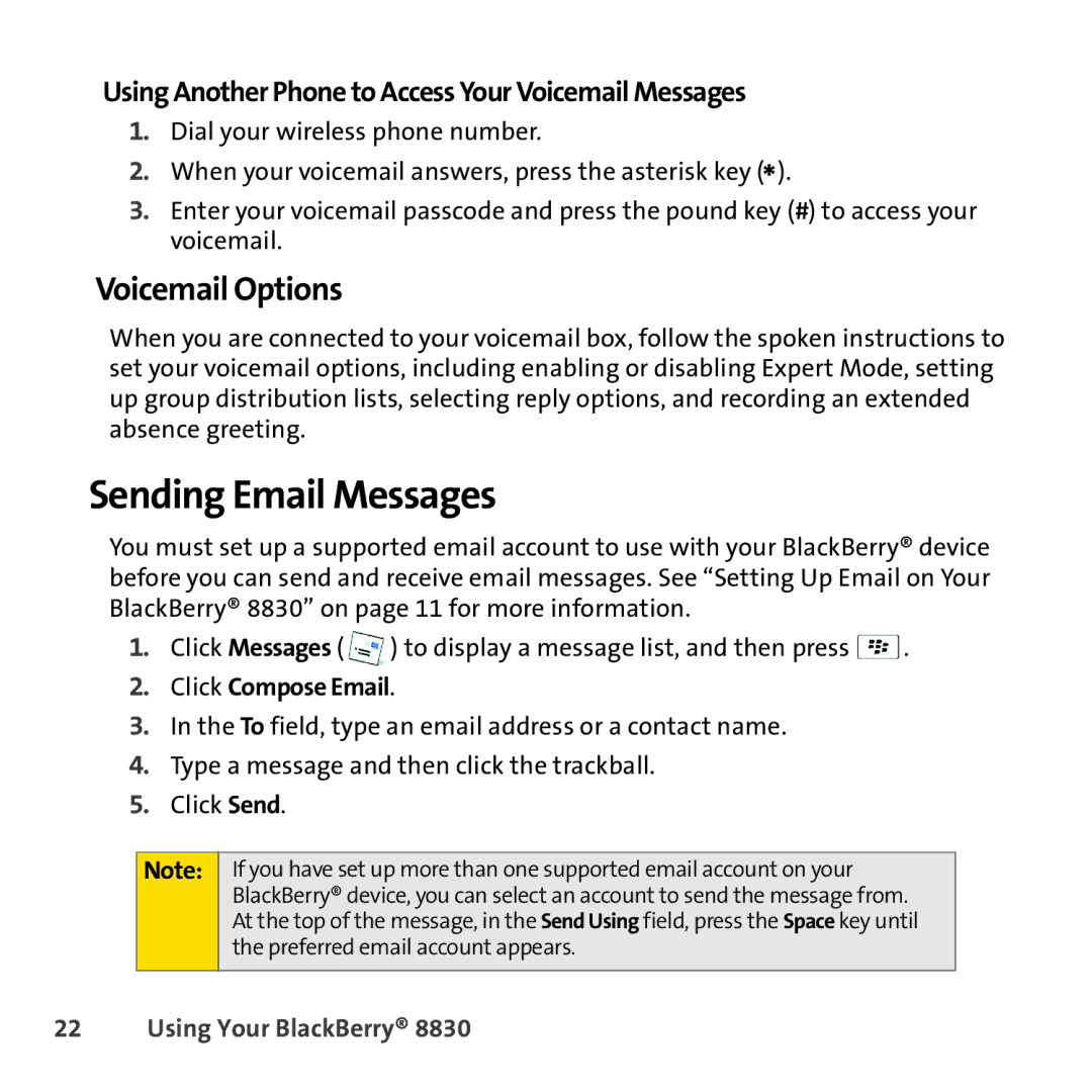 Sprint Nextel 8830 manual Sending Email Messages, Voicemail Options, Using Another Phone to Access Your Voicemail Messages 