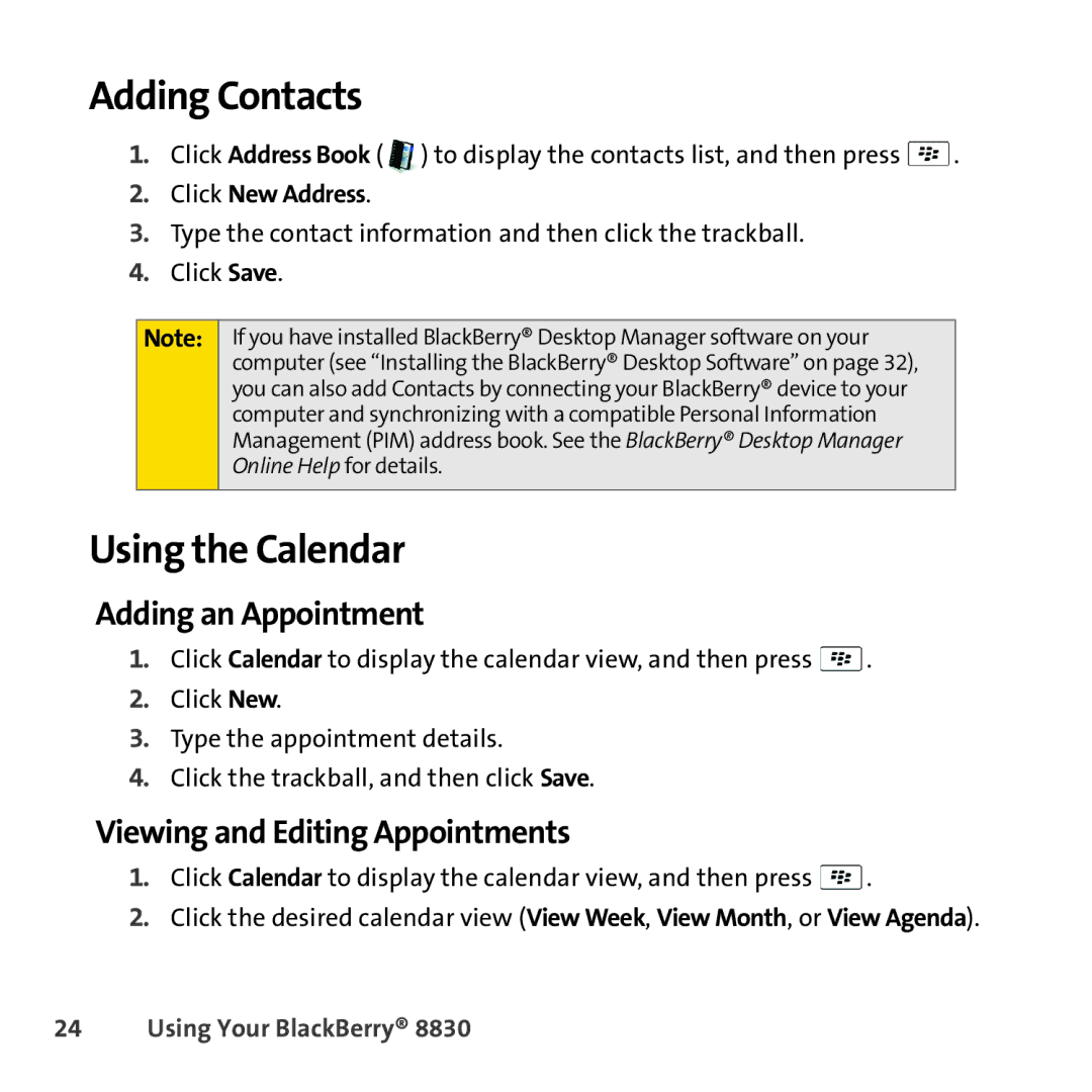 Sprint Nextel 8830 manual Adding Contacts, Using the Calendar, Adding an Appointment, Viewing and Editing Appointments 