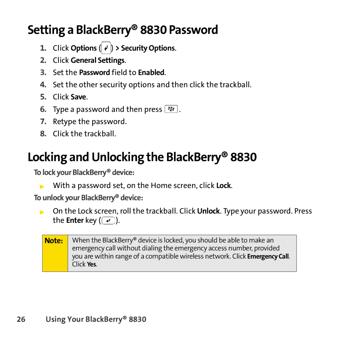 Sprint Nextel Setting a BlackBerry 8830 Password, Locking and Unlocking the BlackBerry, To lock your BlackBerry device 