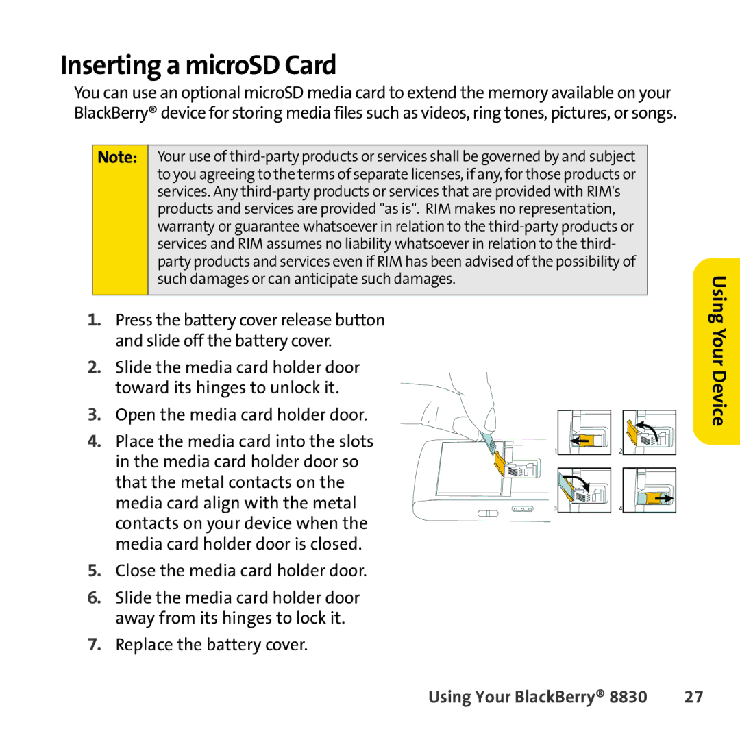 Sprint Nextel 8830 manual Inserting a microSD Card 