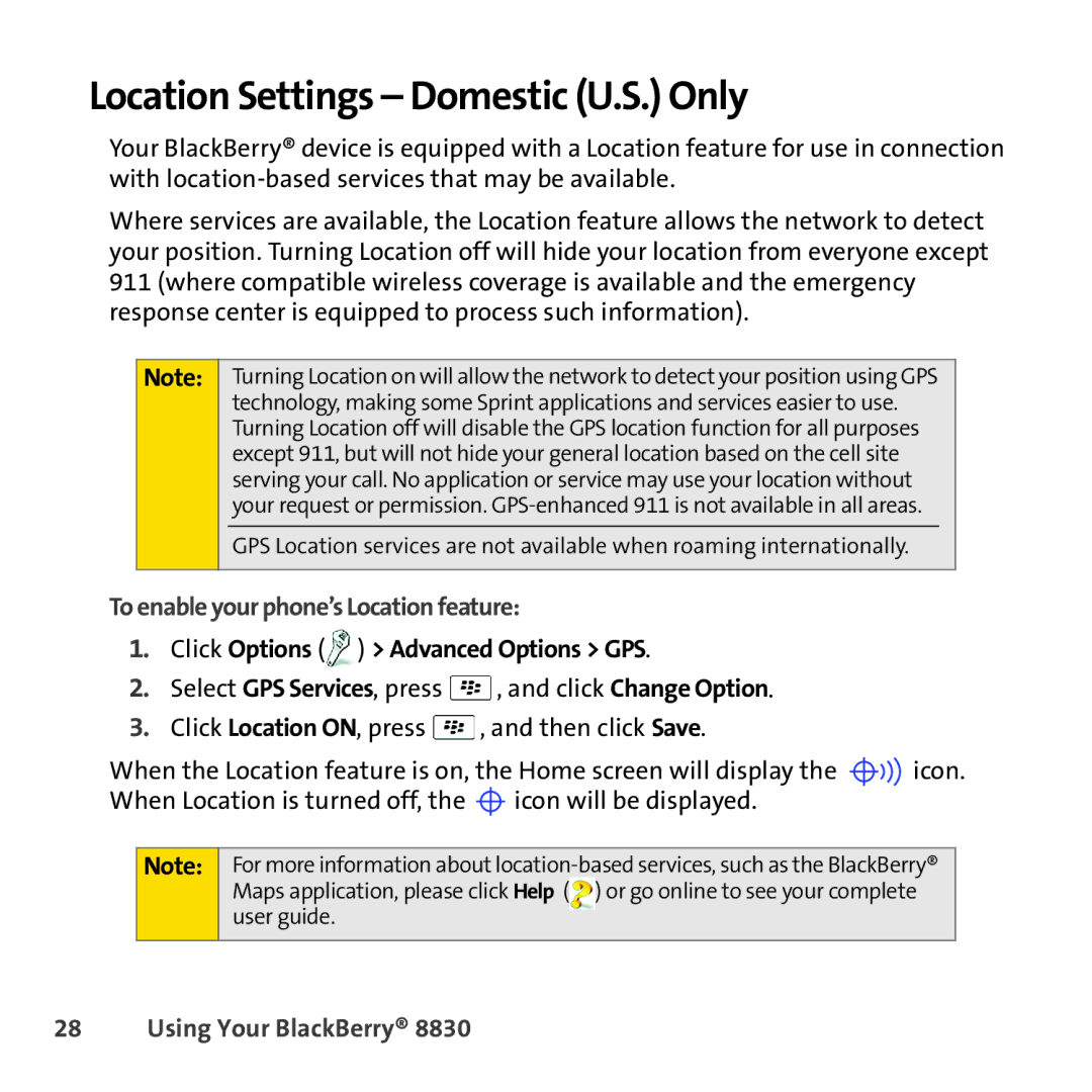 Sprint Nextel 8830 manual Location Settings Domestic U.S. Only, To enable your phone’s Location feature 