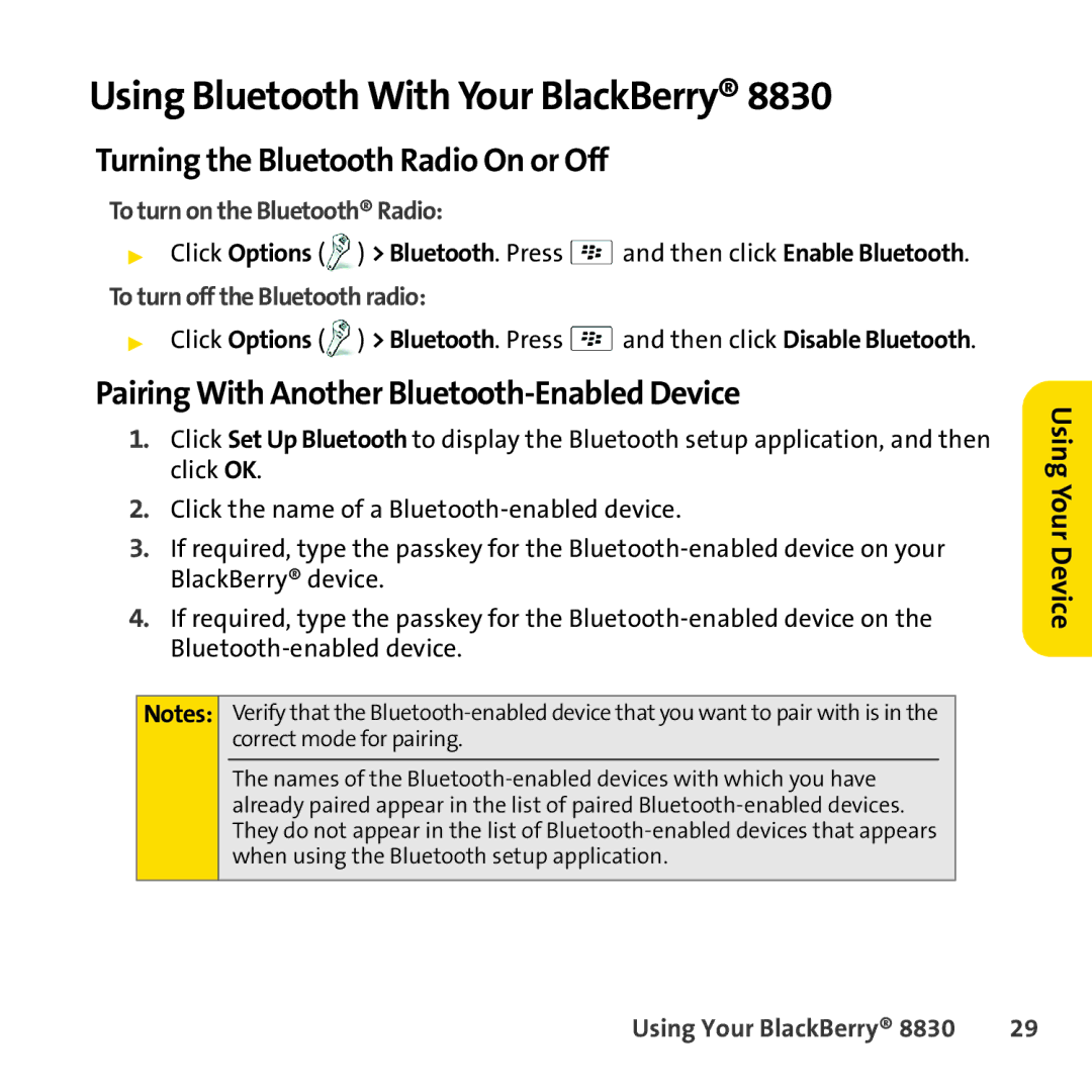 Sprint Nextel 8830 manual Using Bluetooth With Your BlackBerry, Turning the Bluetooth Radio On or Off 