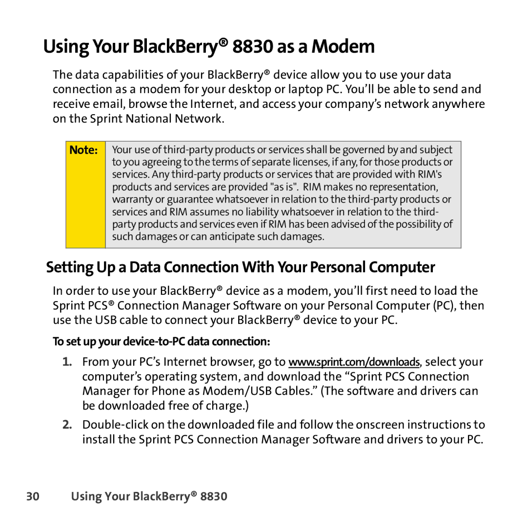 Sprint Nextel manual Using Your BlackBerry 8830 as a Modem, Setting Up a Data Connection With Your Personal Computer 