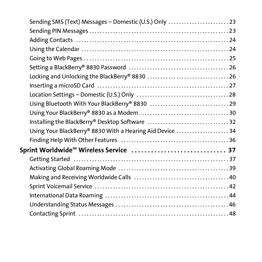 Sprint Nextel 8830 manual Sprint WorldwideSM Wireless Service 