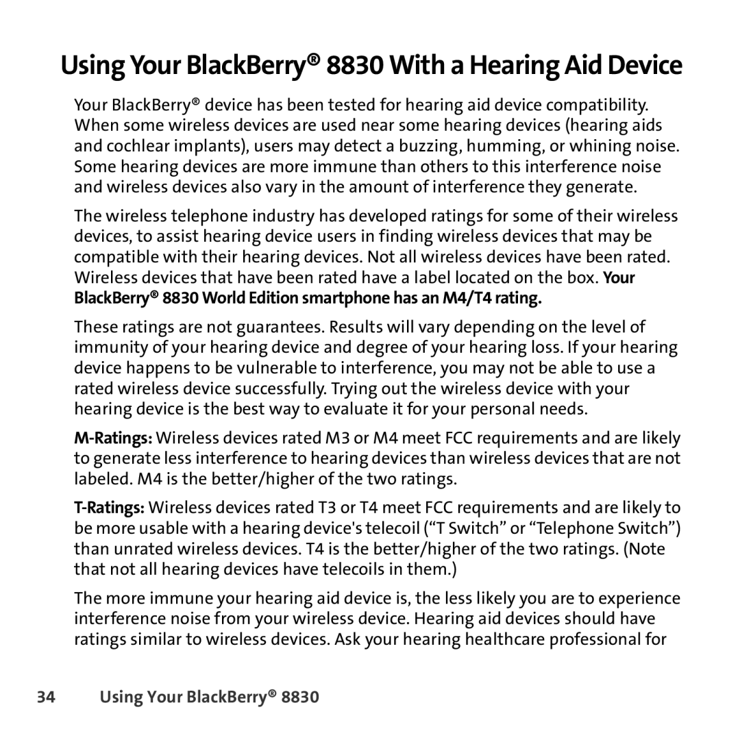 Sprint Nextel manual Using Your BlackBerry 8830 With a Hearing Aid Device 