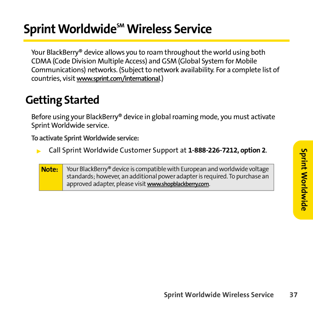 Sprint Nextel 8830 manual Sprint WorldwideSM Wireless Service, Getting Started, To activate Sprint Worldwide service 