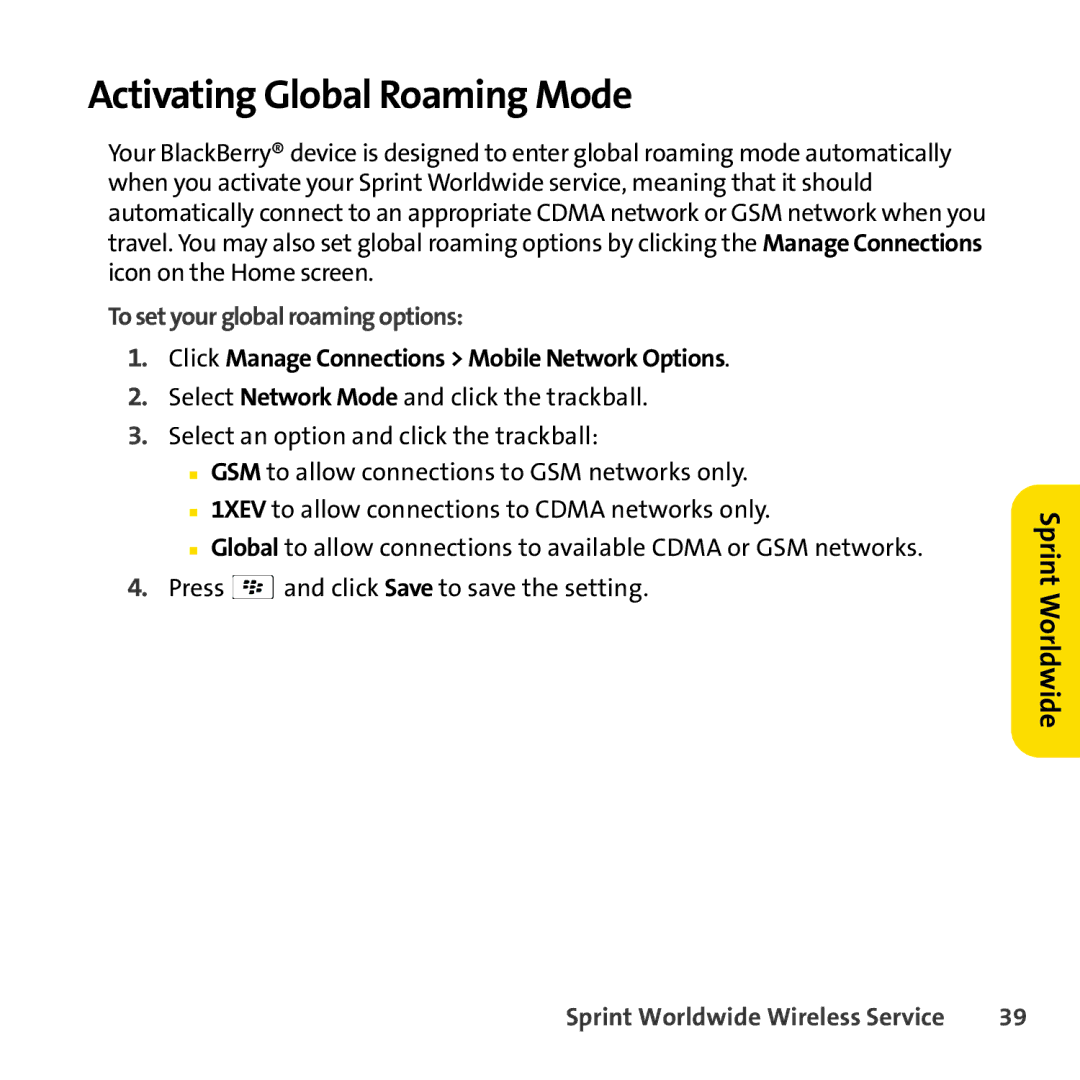 Sprint Nextel 8830 manual Activating Global Roaming Mode, To set your global roaming options 